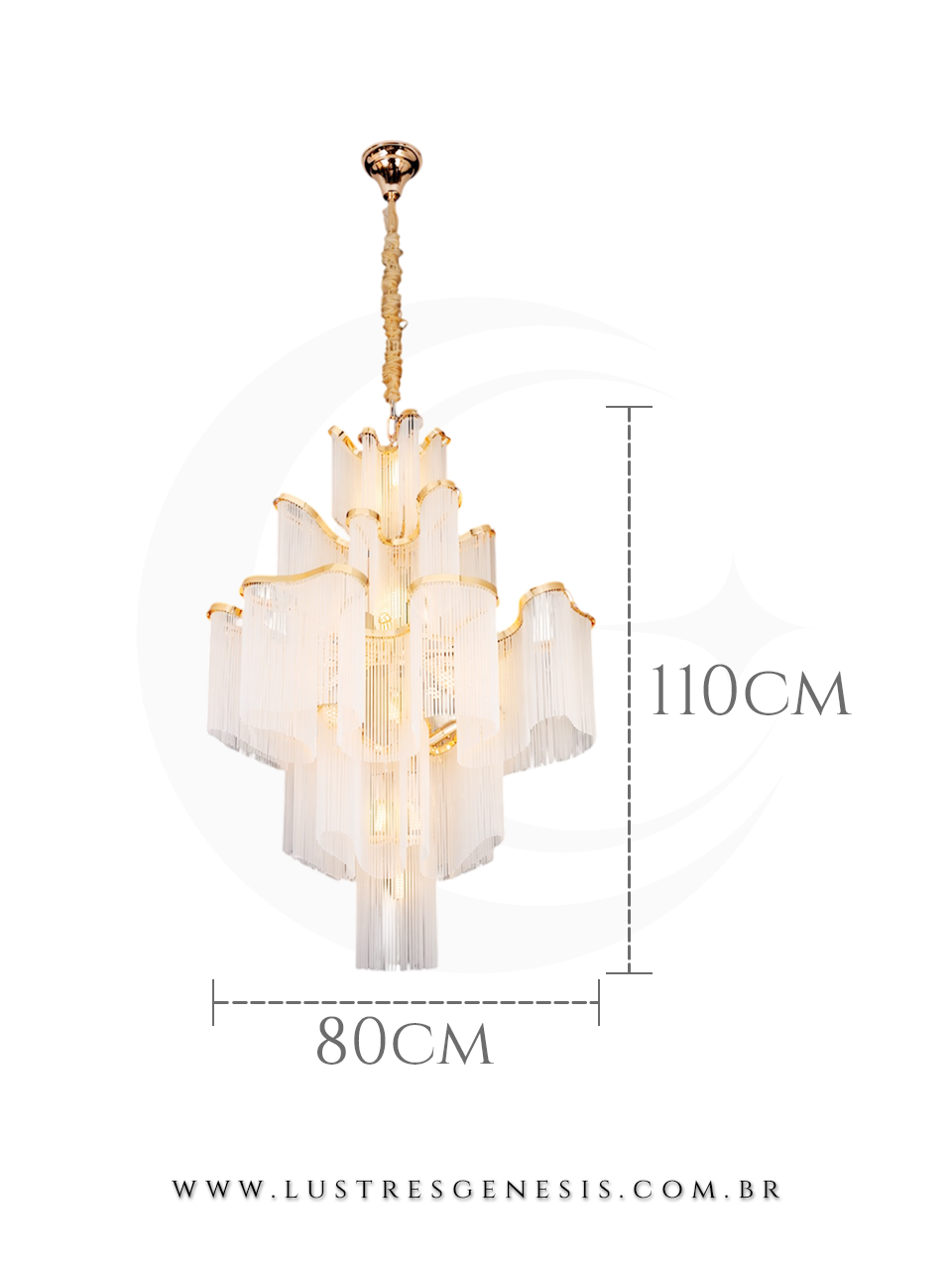 Lustre de Vidro Contempor&acirc;neo Dourado 110cm para Sala de estar de P&eacute; direito Alto Hall Escadas